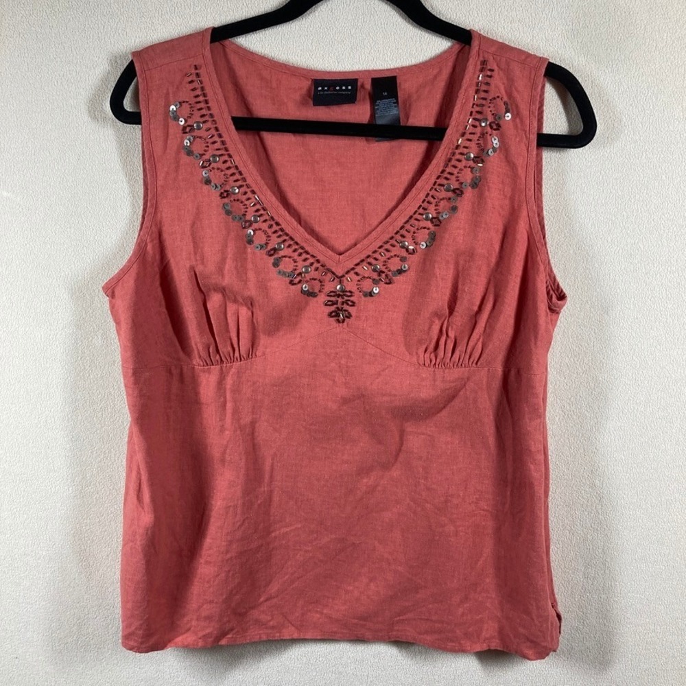 Axcess Babydoll Beaded Linen Blend Top Sz 14 Terra Cotta V-Neck Festival Western